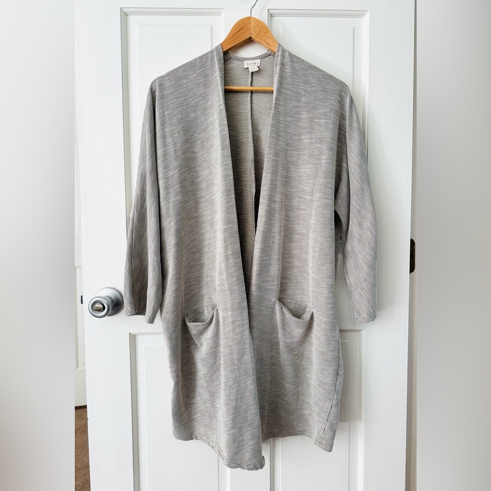 DONNI Anthropologie Gray White Lightweight Ribbed Striped Open Cardigan O/S